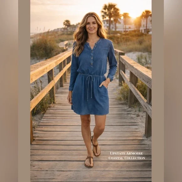 Lucky Brand Tencel Denim Henley Tie Waist Shirt Dress Size L - Picture 2 of 15